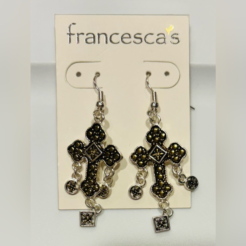 Francesca's Silver & Gold Tone Cross Earrings Dangle Jewelry Religious‎ New Gift